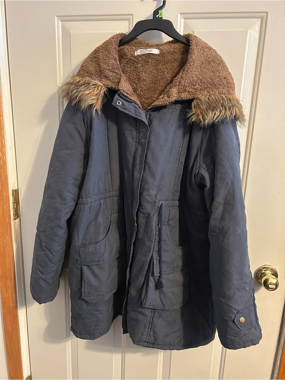 Meaveor Women's Blue Hooded Coat with Faux Fur Trim